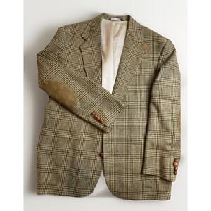 Lands End Wool Blazer Suede Elbow Patches USA Glen Plaid 44R